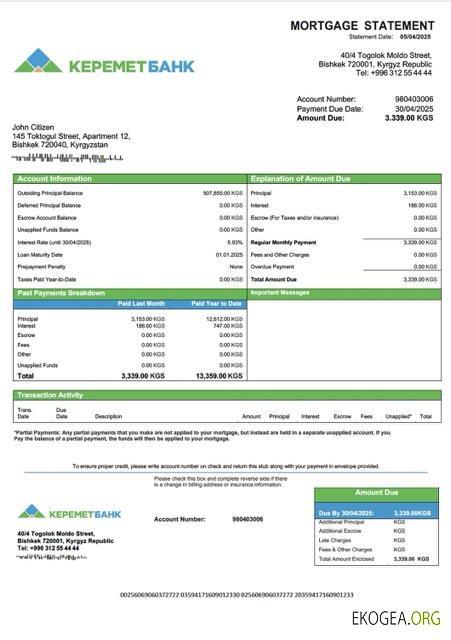 Kirghizistan Keremetbank relevé hypothécaire modèle Word et PDF